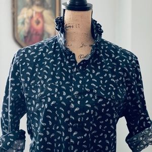 Pearl Snap Long Sleeve Button Down  Ruffle Collar Upcycled Shirt